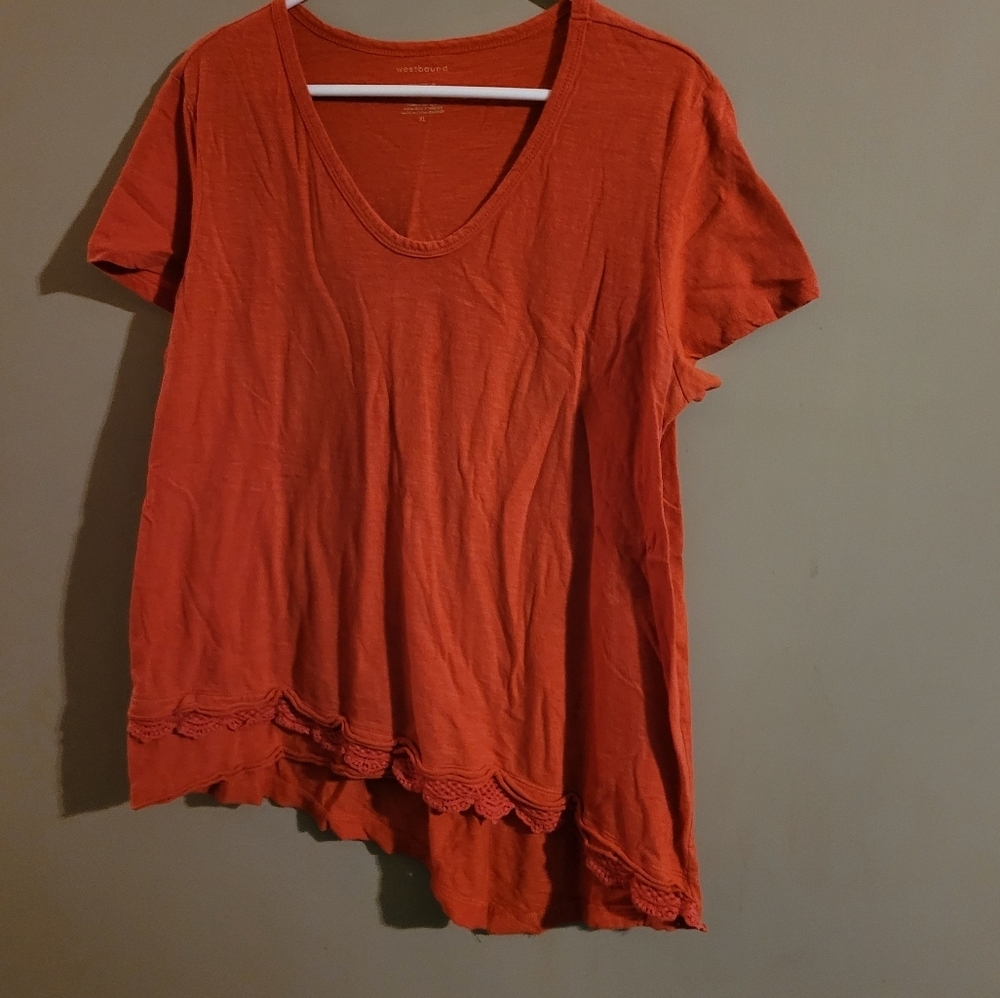 Westbound Orange Pink Asymmetrical Ruffled Short Sleeve Tee